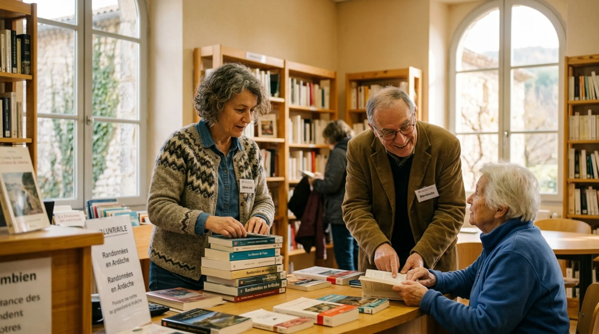 Bénévole guidant des lecteurs avec attention dans les allées de la bibliothèque municipale
